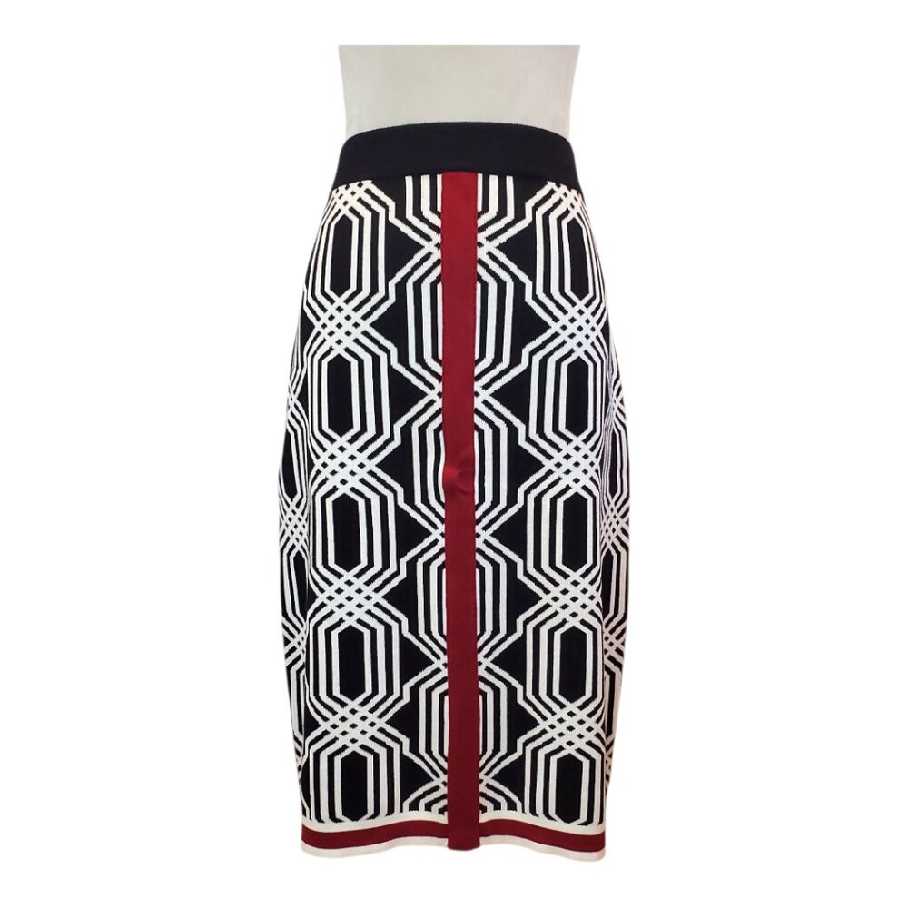 NEW YORK & CO SZ XL Geometric Print Woven Stretch Sweater Pencil Skirt Black Red
